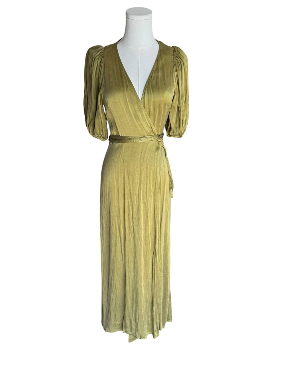 & Other Stories - Satin Wrap Midi Maxi Dress Olive Green Puff Sleeve Sz US 4 - Picture 3 of 9